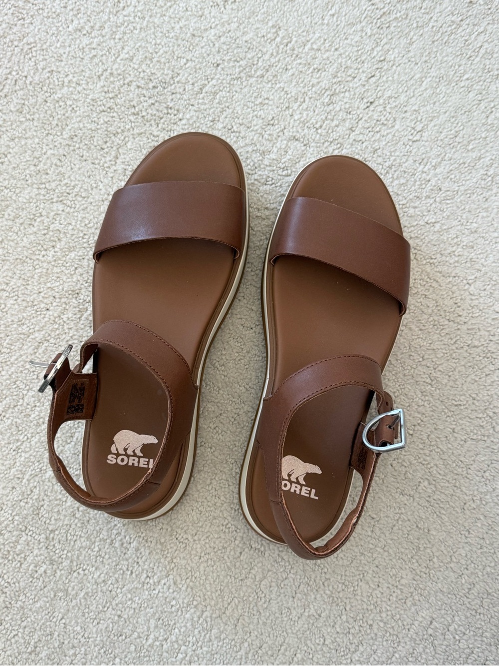Sorel Brown Leather Slide Sandals with Ankle Buckle